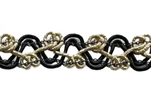 3/8" Scrolled Pale Gold & Black Gimp Trim (Made in USA)