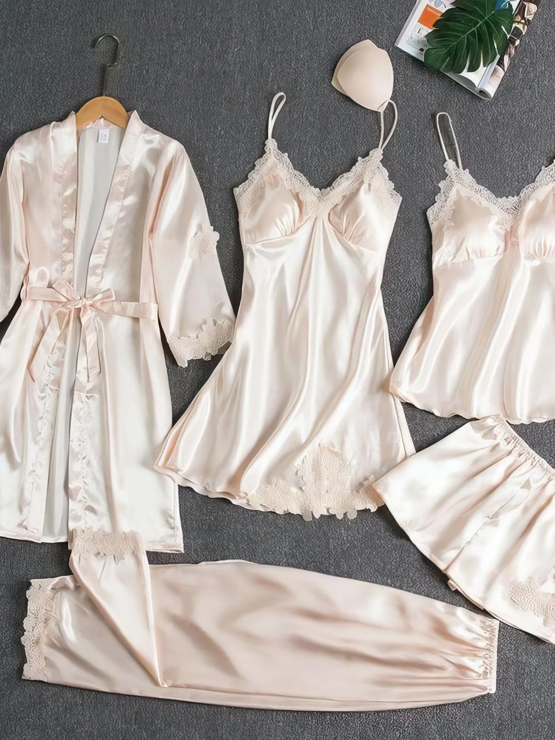 5 Piece Satin Pajama Set: Robe, Top, Shorts, Camisole, Pants