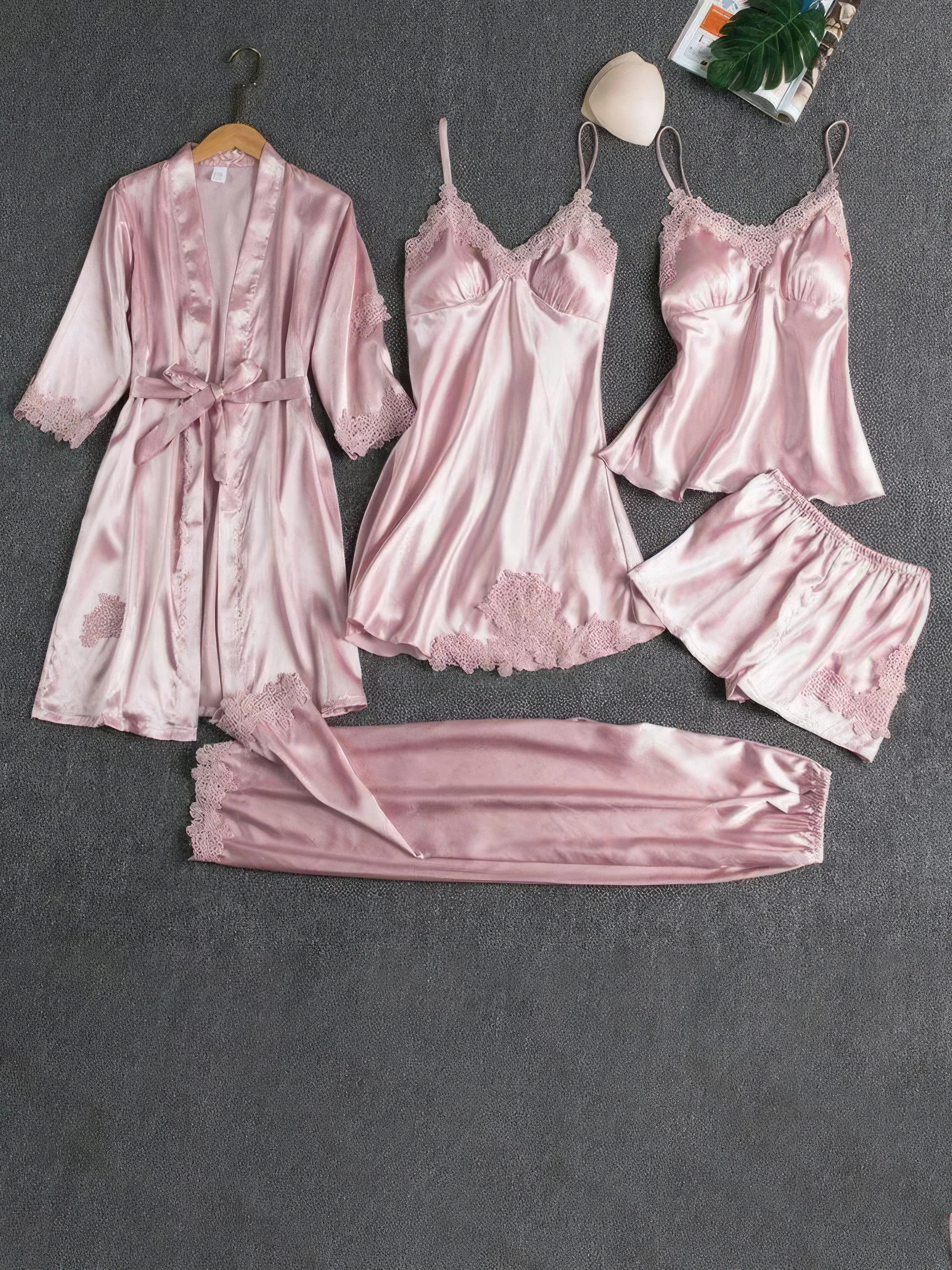 5 Piece Satin Pajama Set: Robe, Top, Shorts, Camisole, Pants