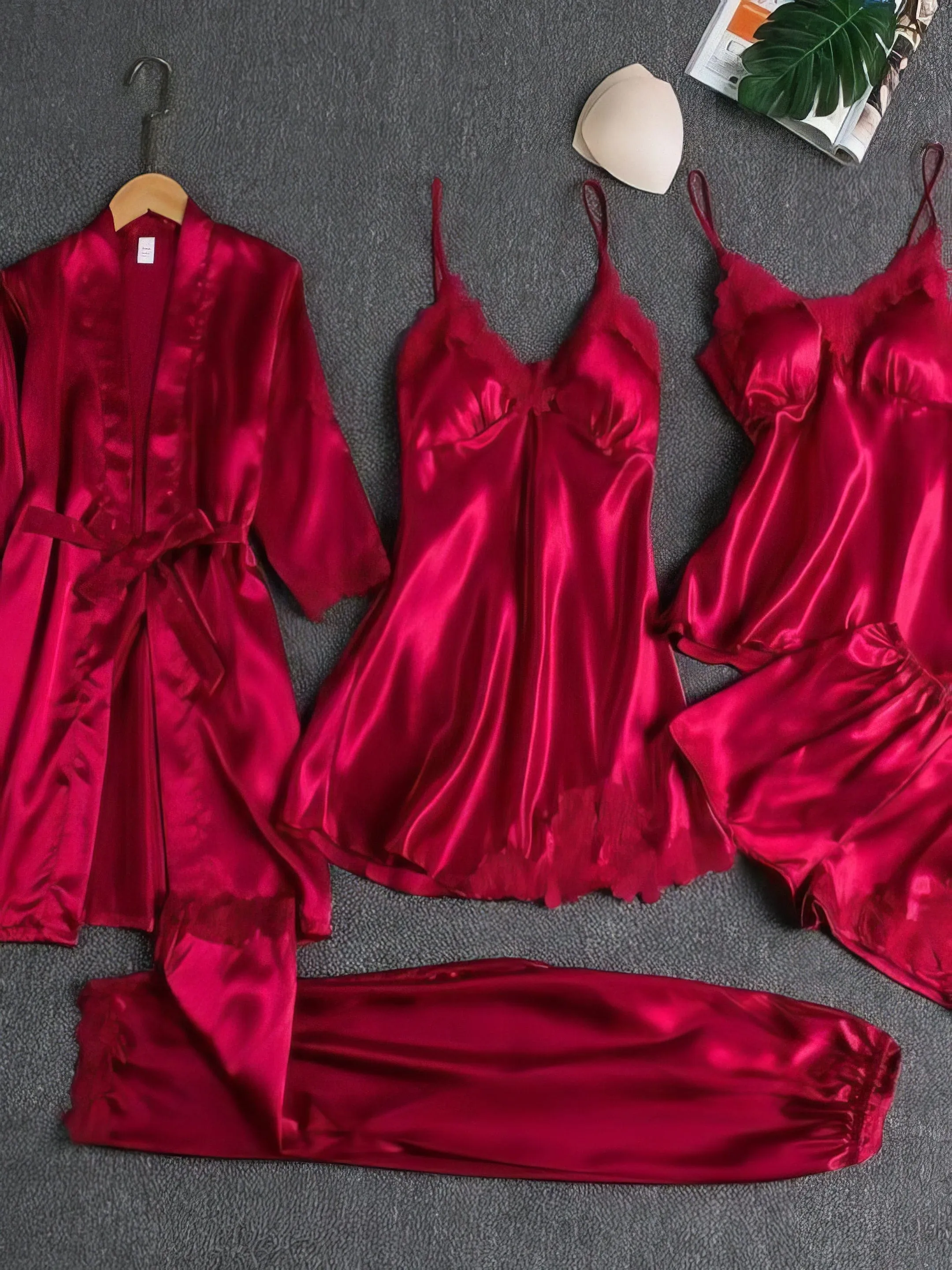 5 Piece Satin Pajama Set: Robe, Top, Shorts, Camisole, Pants