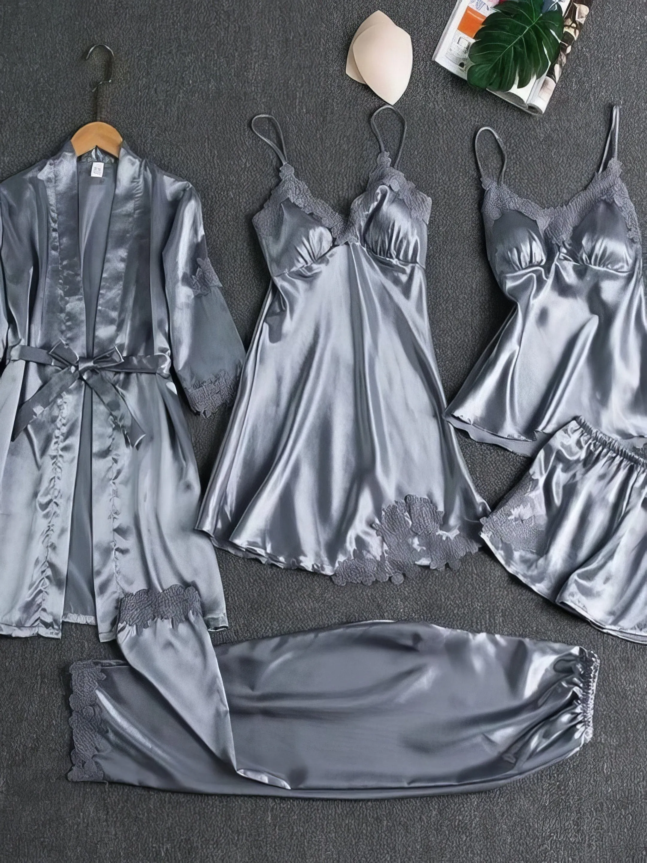 5 Piece Satin Pajama Set: Robe, Top, Shorts, Camisole, Pants