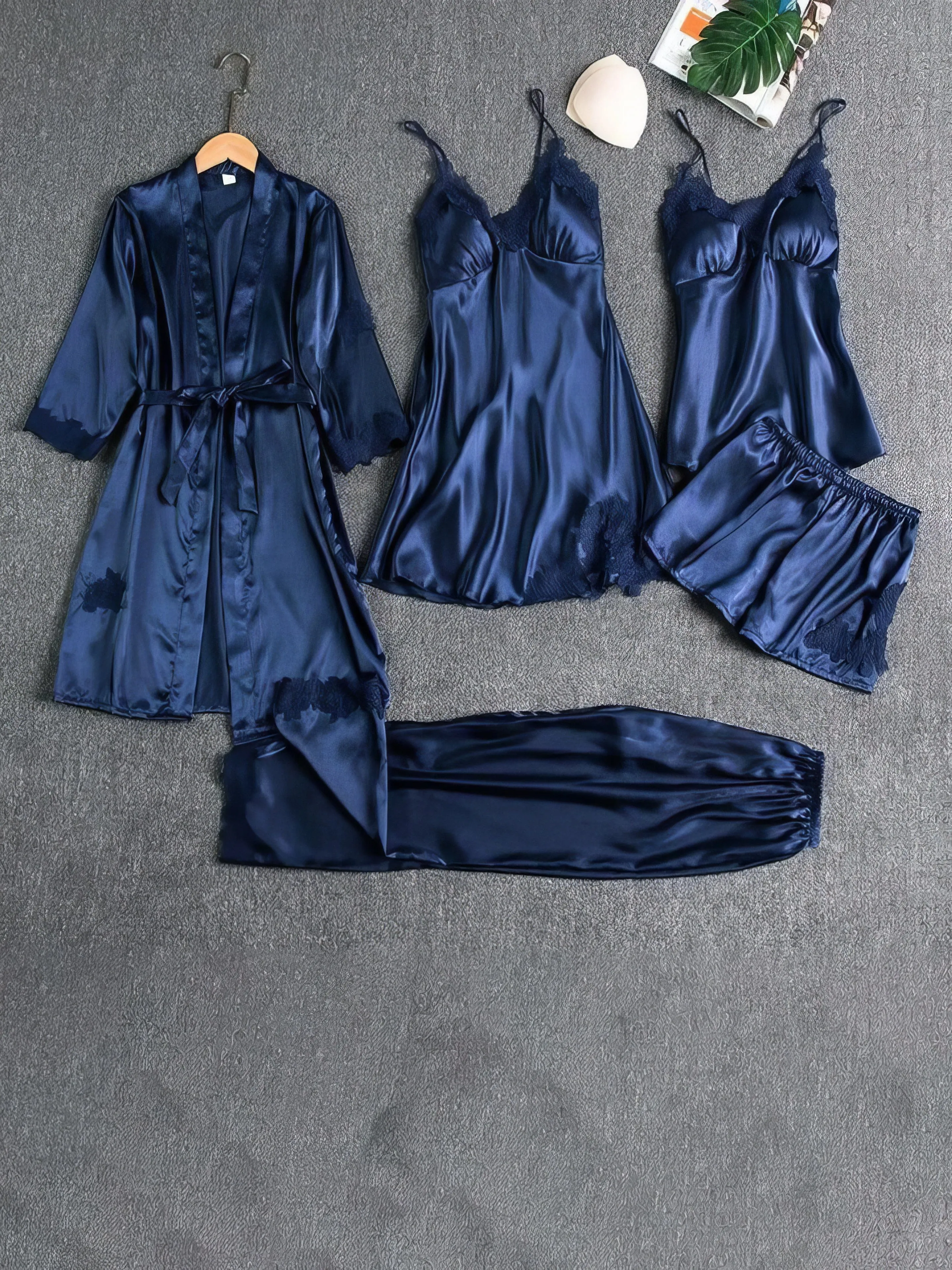 5 Piece Satin Pajama Set: Robe, Top, Shorts, Camisole, Pants