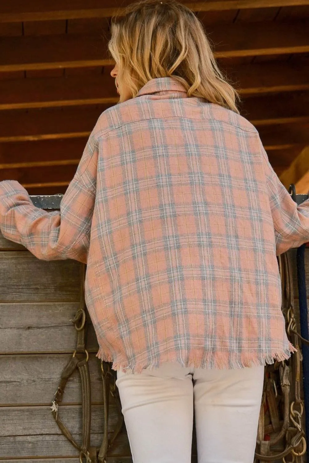 And The Why Women's Plaid Button Up Raw Hem Shirt