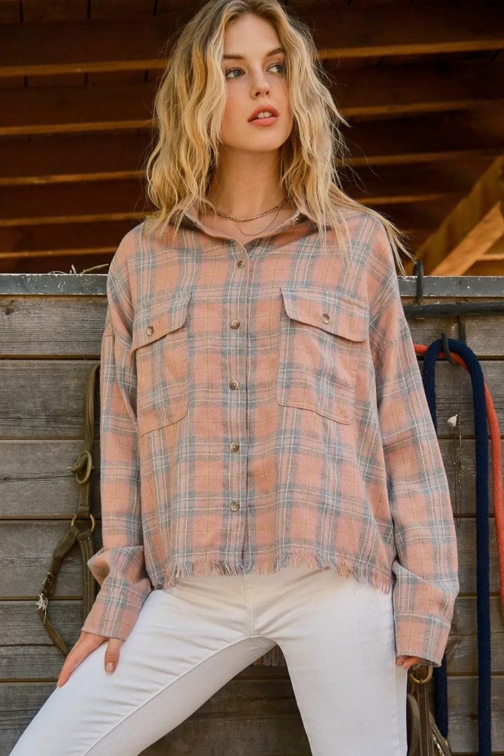 And The Why Women's Plaid Button Up Raw Hem Shirt