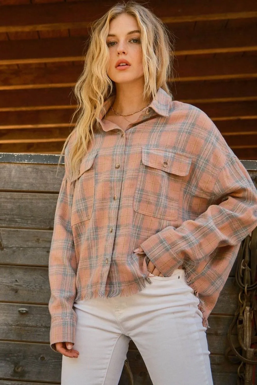 And The Why Women's Plaid Button Up Raw Hem Shirt