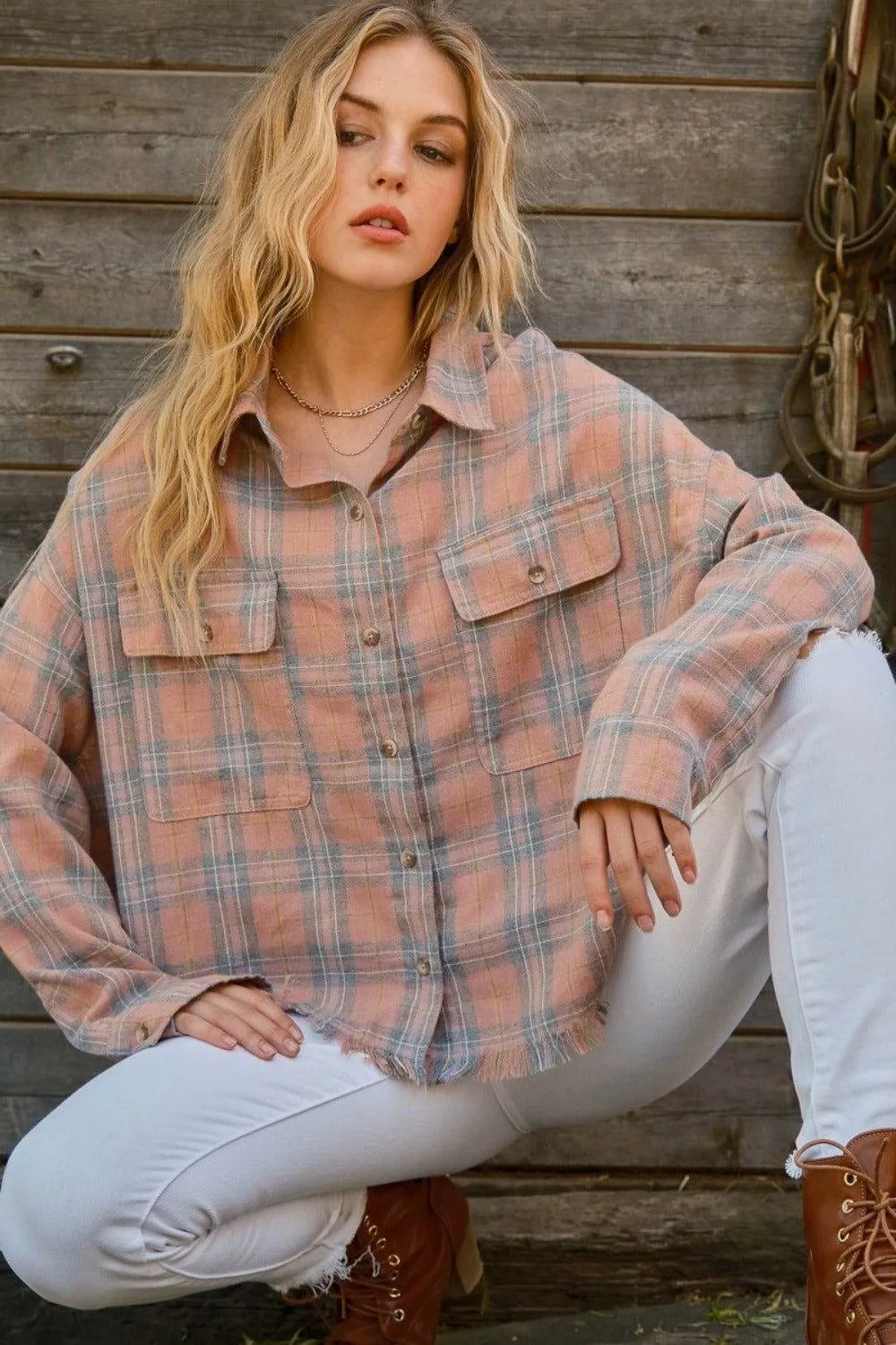 And The Why Women's Plaid Button Up Raw Hem Shirt