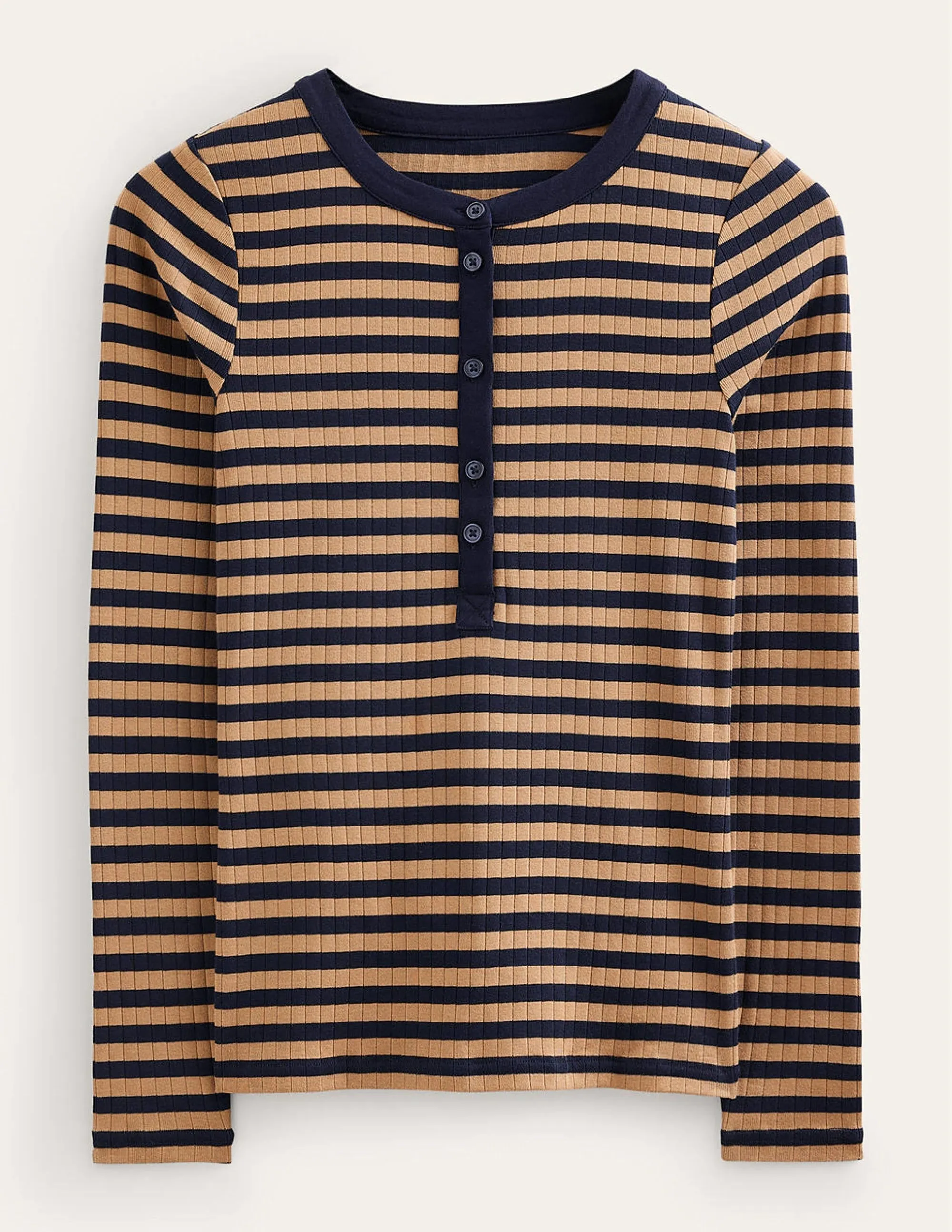 Anna Rib Henley T-Shirt-Navy, Camel