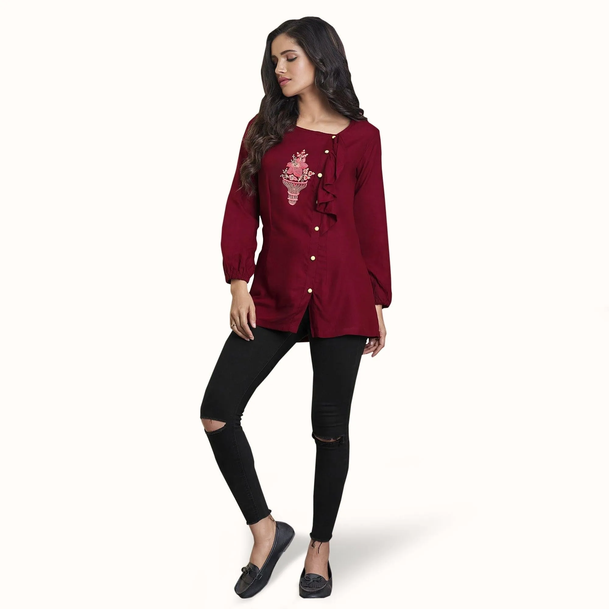 Appealing Red Colored Partywear Embroidered Rayon Western Top