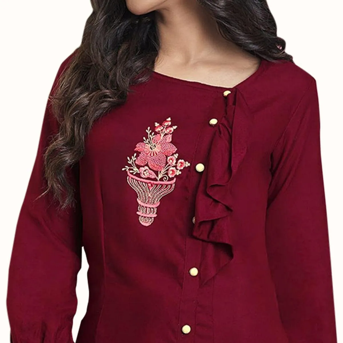 Appealing Red Colored Partywear Embroidered Rayon Western Top