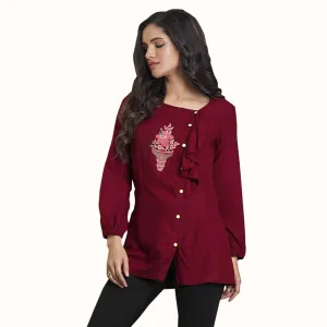 Appealing Red Colored Partywear Embroidered Rayon Western Top