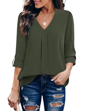 Army Green Womens 3/4 Cuffed Sleeve Chiffon Printed V Neck Casual Blouse Shirt Tops - Youtalia