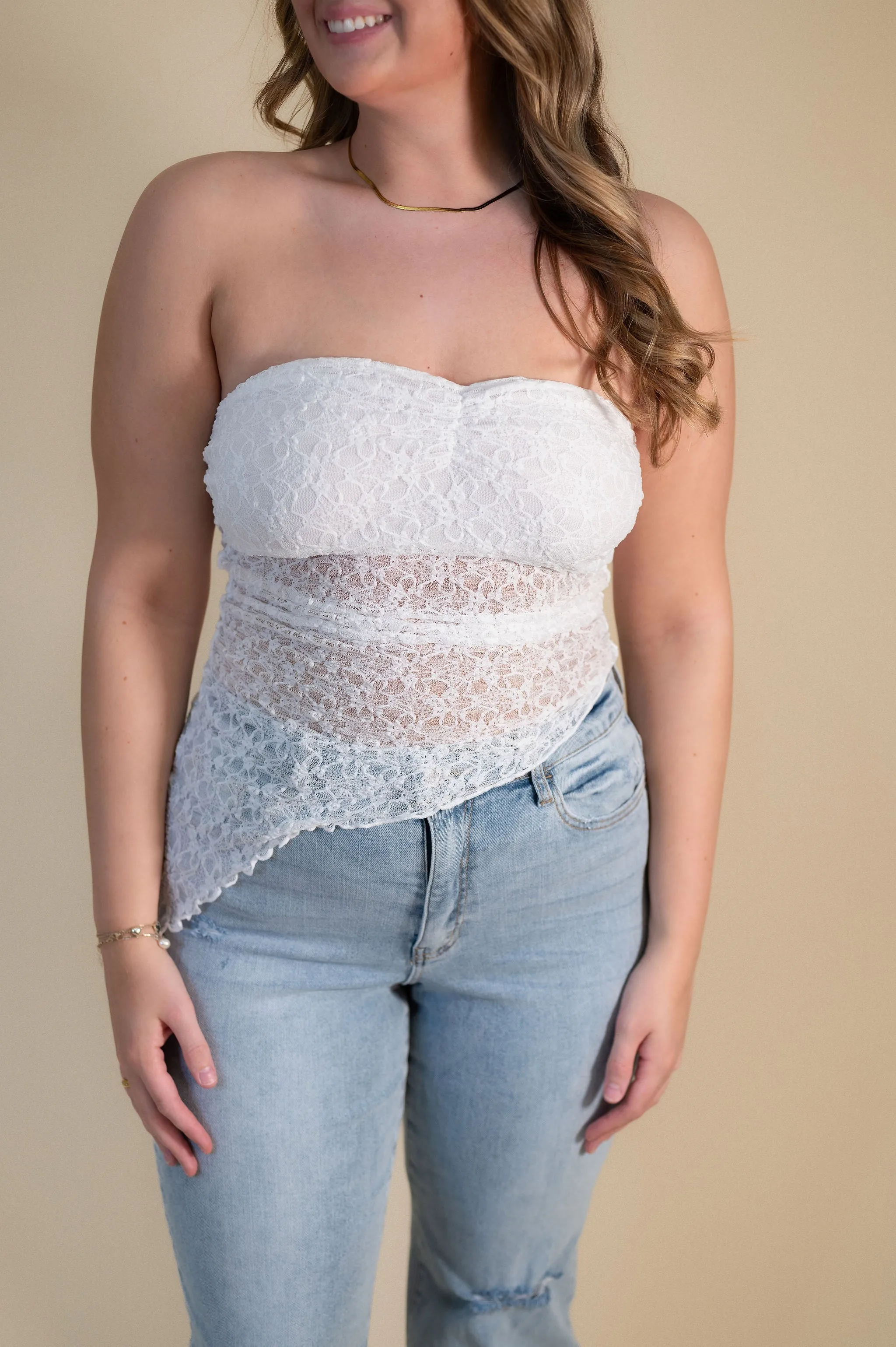 Asymmetrical Mesh Lace Tube Top