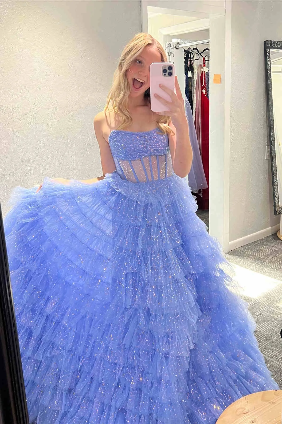 Aubriella |A Line Strapless Corset Glitter Tulle Prom Dress with Ruffles