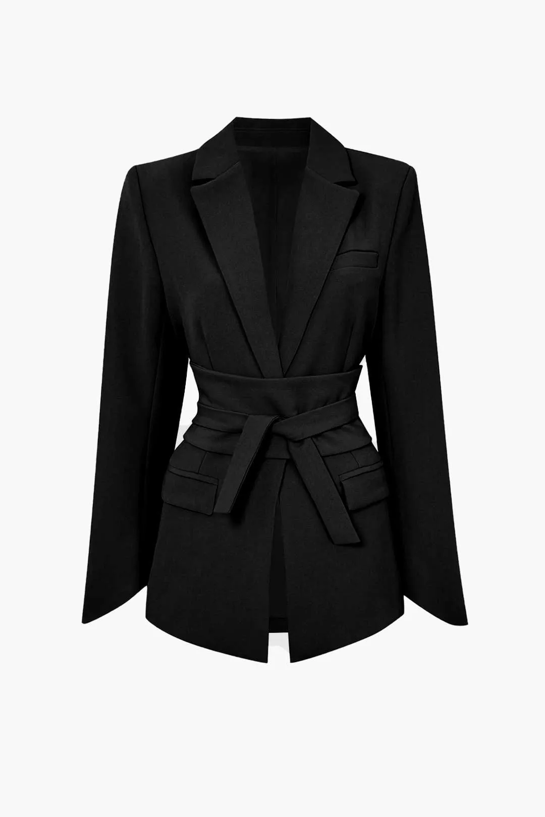 Basic Solid Notched Lapel Belted Blazer