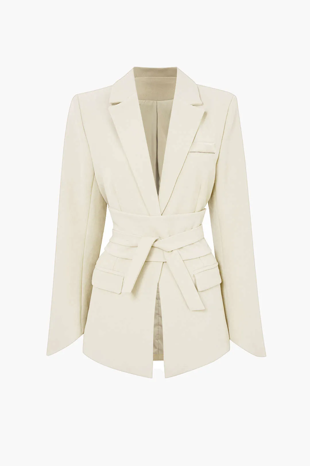 Basic Solid Notched Lapel Belted Blazer