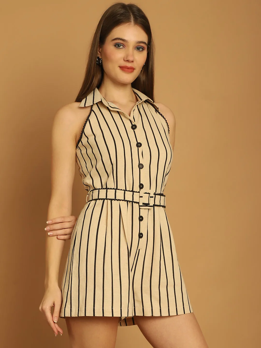 Beige & Black Striper Playsuit