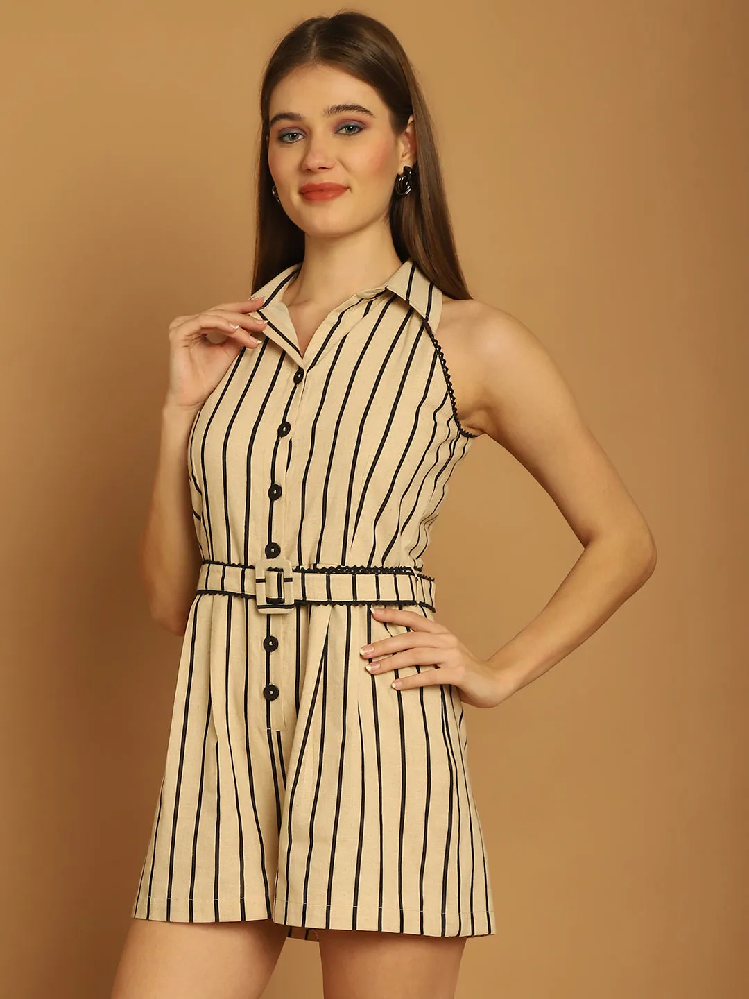 Beige & Black Striper Playsuit