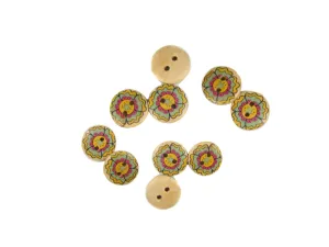 Beige Yellow Turquoise Floral Printed 2 Hole Wooden Buttons