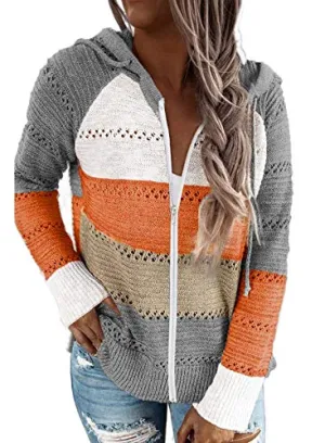 Biucly Womens Stripes Color Block Knit Sweater Zip Up Hoodies Long Sleeve Lightweight Drawstring Jacket Pullover Sweatshirts Sweaters Fall Winter 2022,US 18-20(2XL),Grey