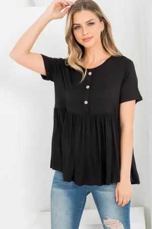 BLACK ROUND NECK BUTTON DOWN RUFFLE TOP