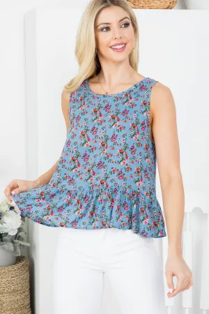 BLUE FLORAL PRINT ROUND NECKLINE RUFFLE BOTTOM SLEEVELESS TOP