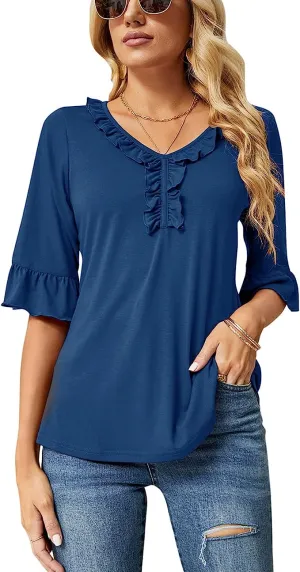 Blue Half Sleeve Tops Casual V Neck T Shirts Loose Summer Tops Ruffle - Ivicoer