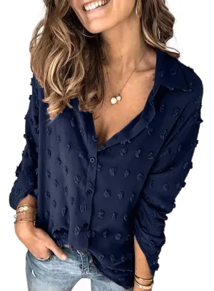 Blue Women Pompom Button Down Shirt Casual Blouse Top - Astylish