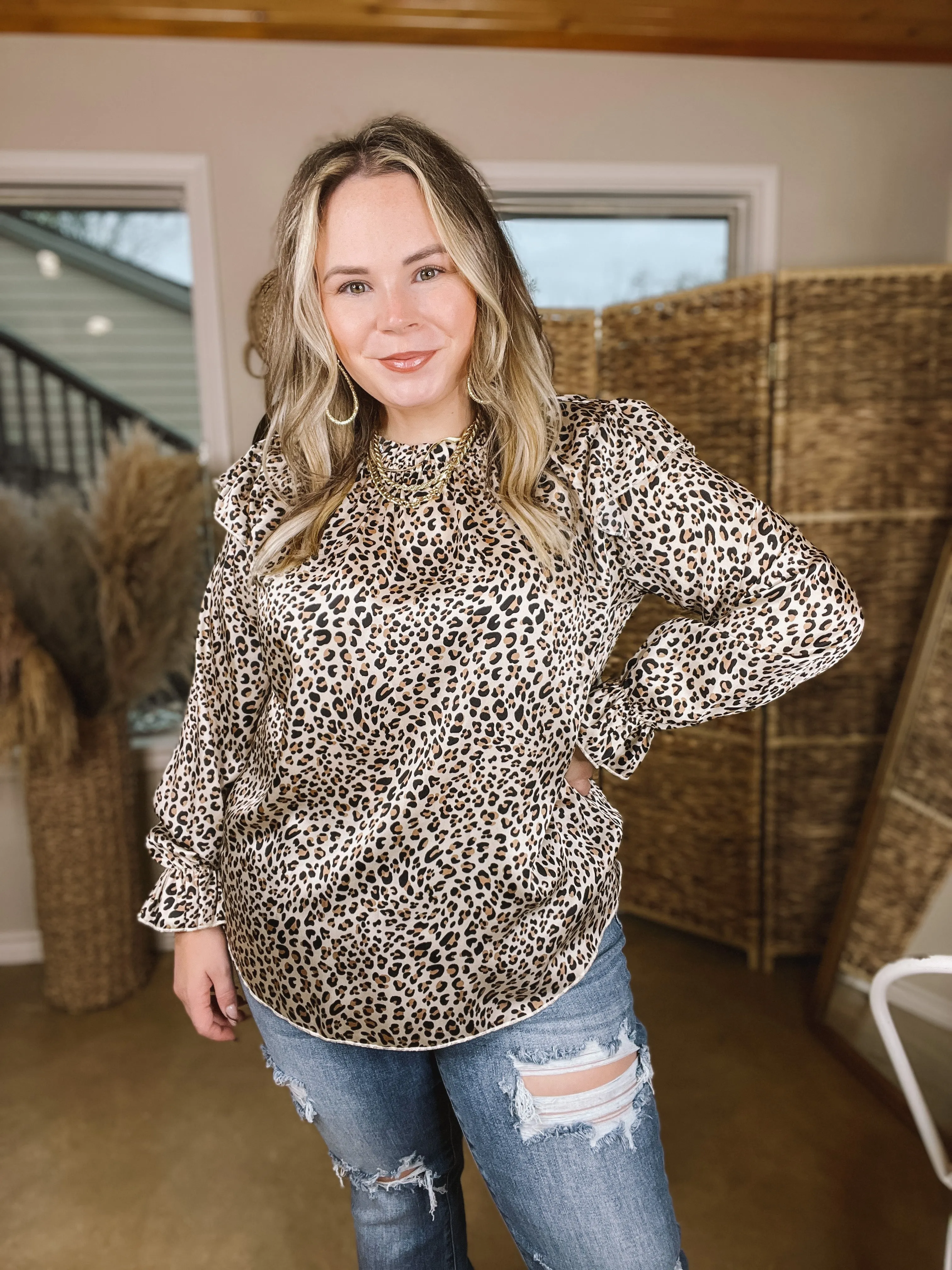 Can't Stop Me Ruffle Mock Neck Long Sleeve Leopard Print Satin Top in Natural