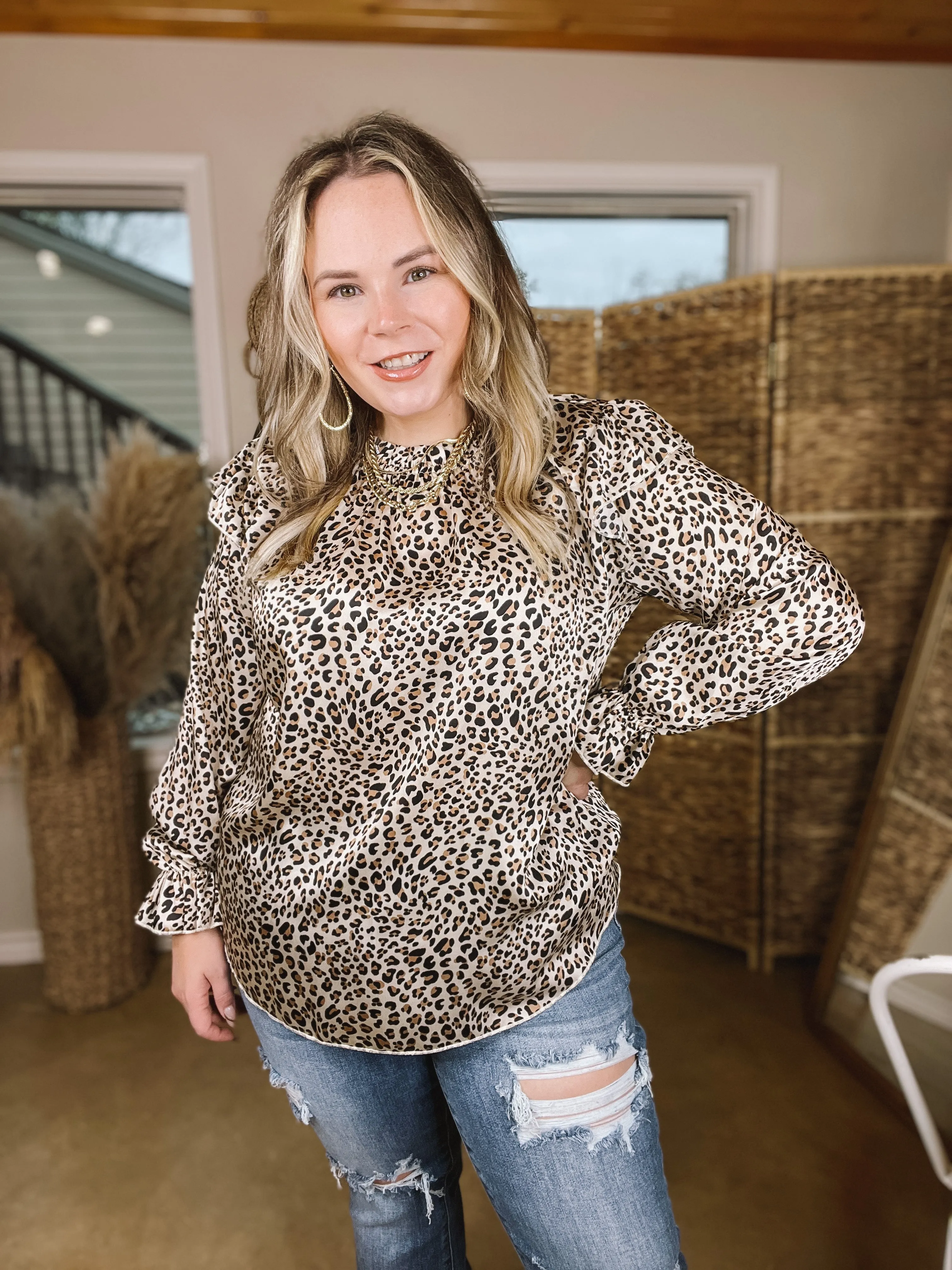 Can't Stop Me Ruffle Mock Neck Long Sleeve Leopard Print Satin Top in Natural