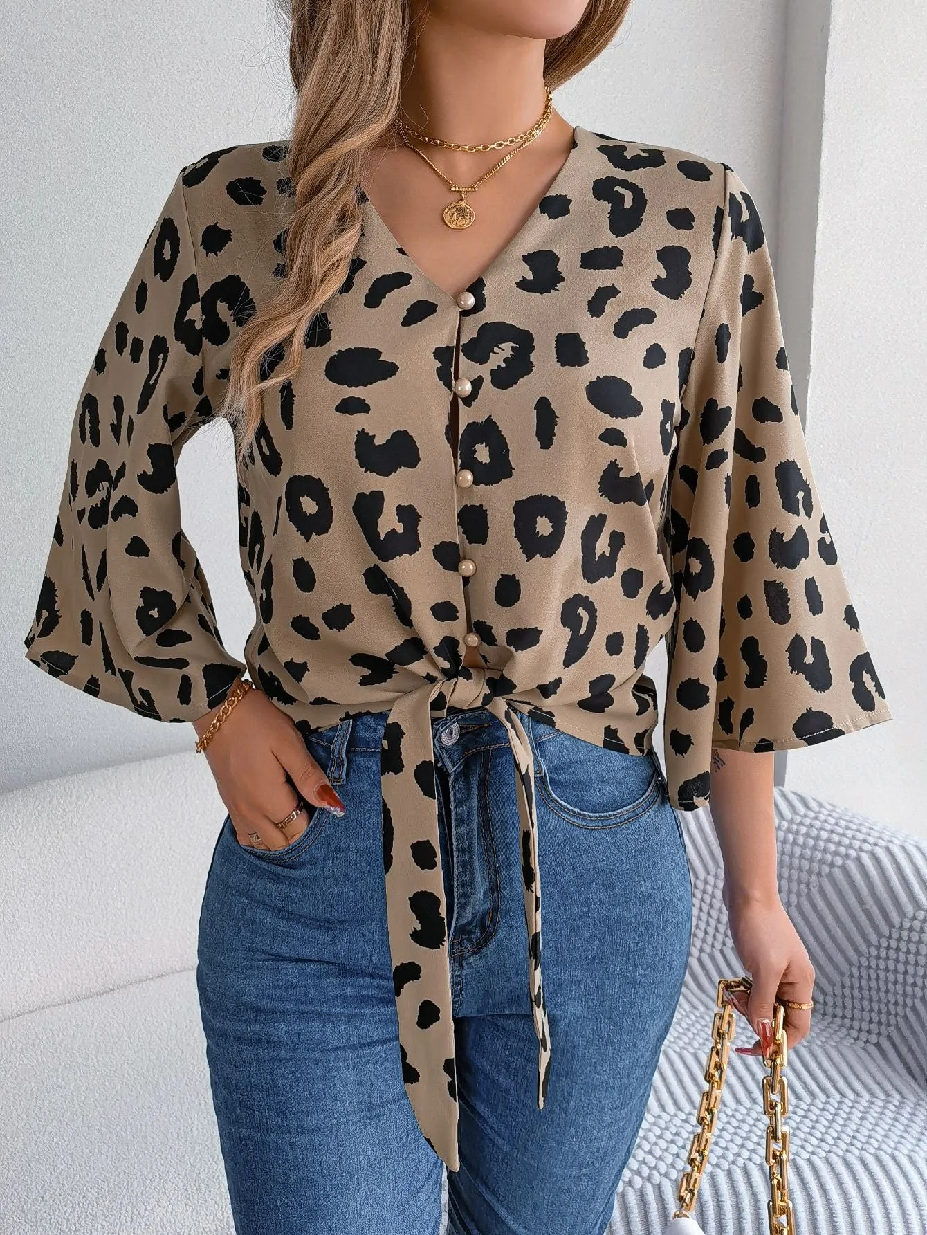 Casual Leopard Print Lace-Up Chiffon Shirt V Neck Tops