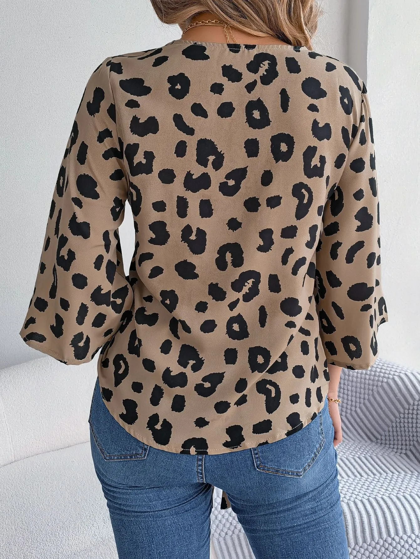 Casual Leopard Print Lace-Up Chiffon Shirt V Neck Tops