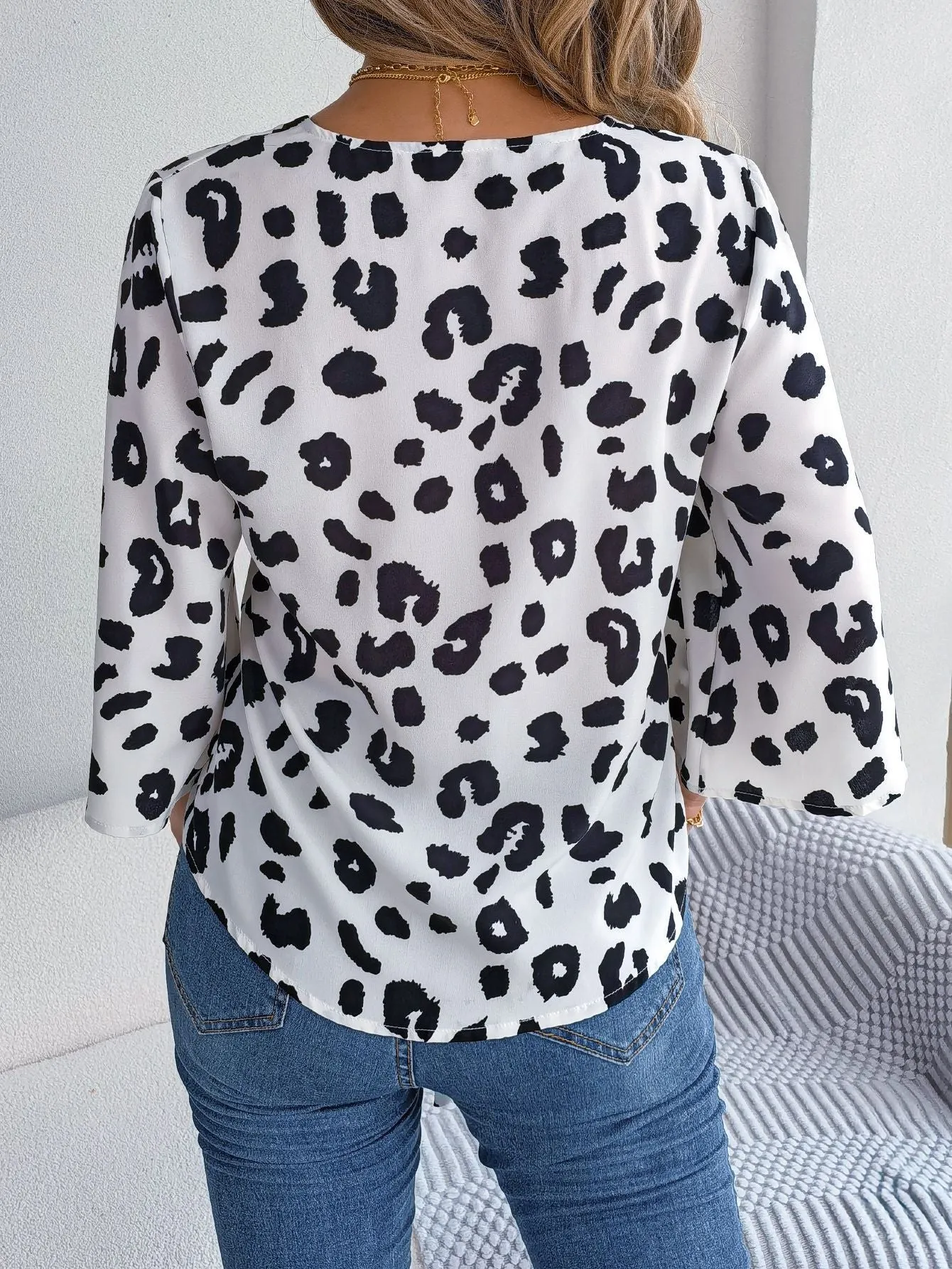 Casual Leopard Print Lace-Up Chiffon Shirt V Neck Tops