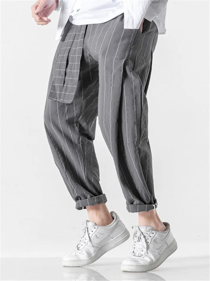 Casual Stripe Pants With Belt And Pockets