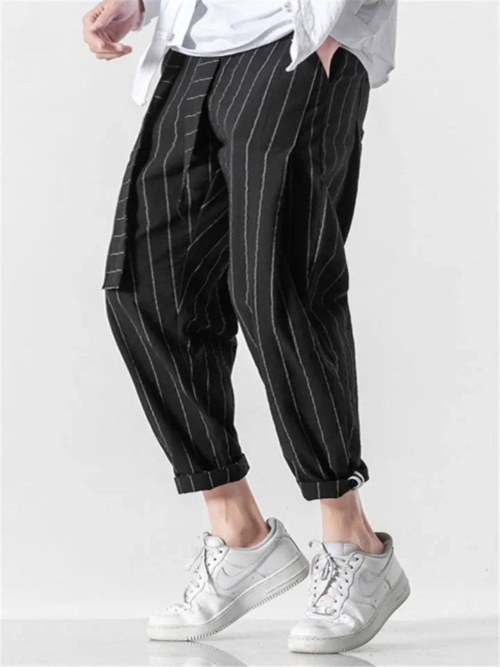 Casual Stripe Pants With Belt And Pockets