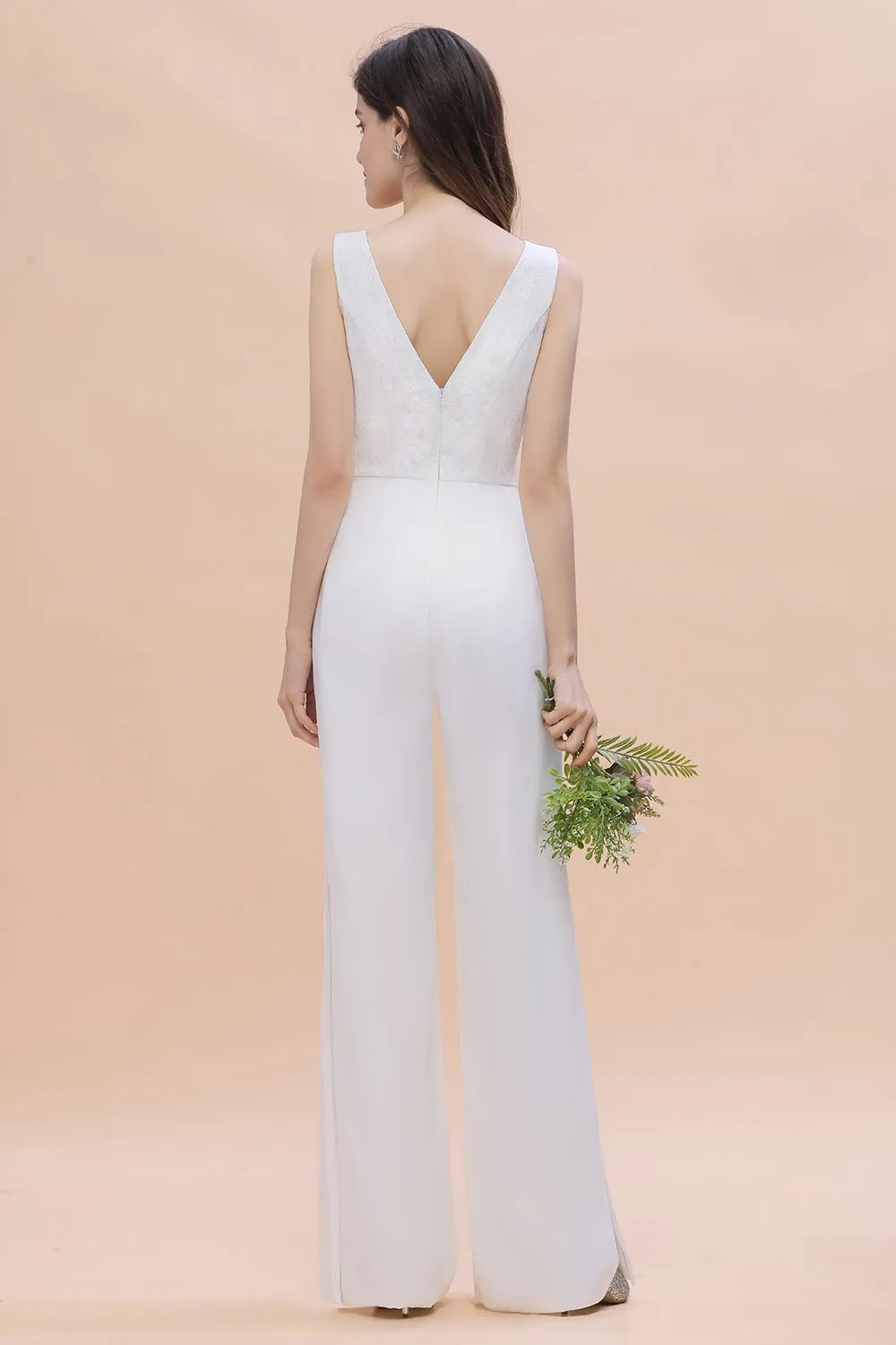 Chic White Long Deep V-neck Backless Bridesmaid Dress Jumpsuit