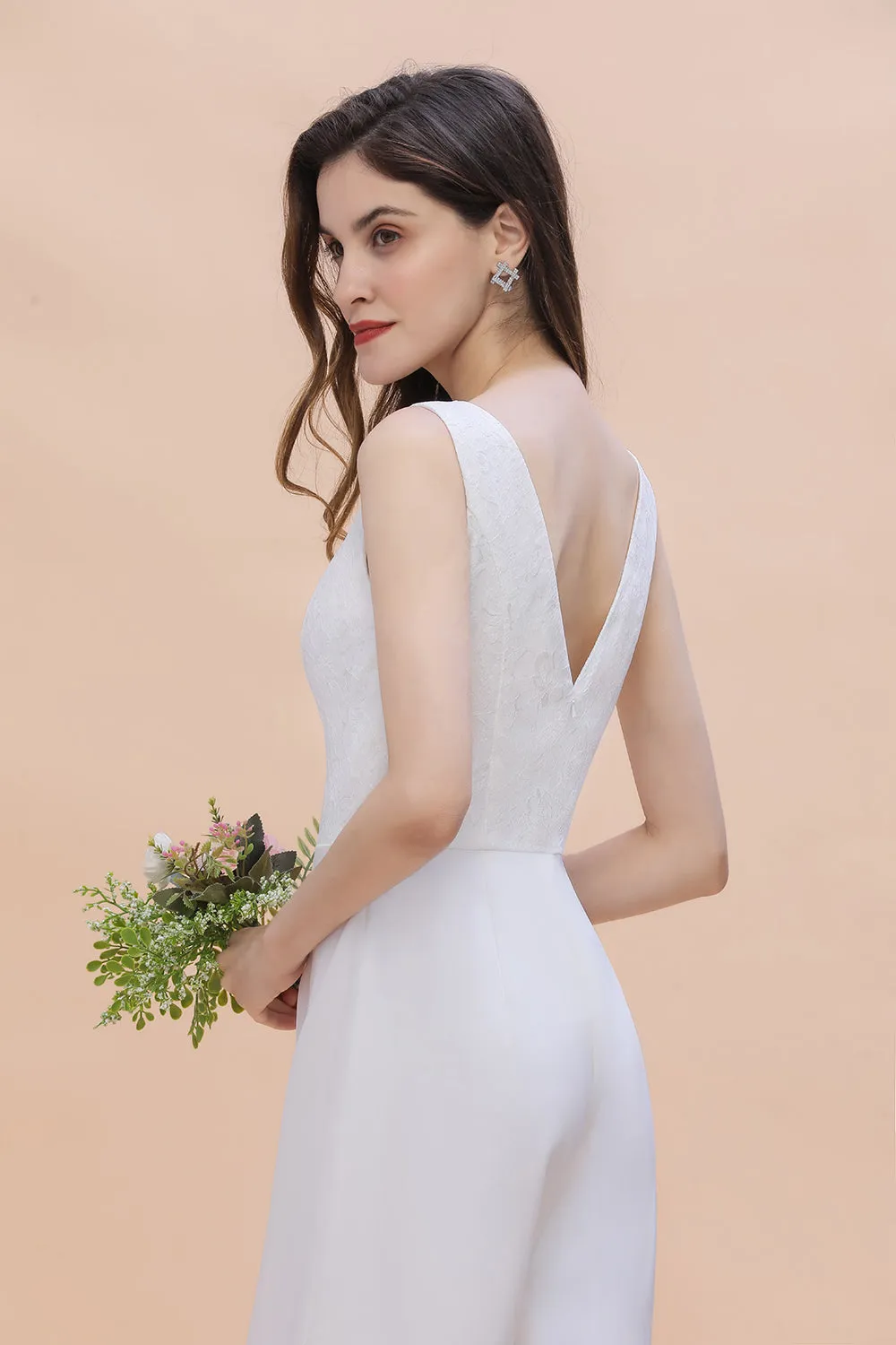 Chic White Long Deep V-neck Backless Bridesmaid Dress Jumpsuit