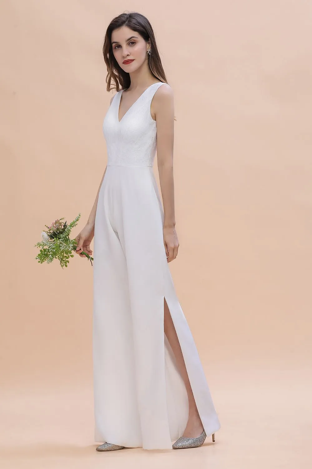 Chic White Long Deep V-neck Backless Bridesmaid Dress Jumpsuit