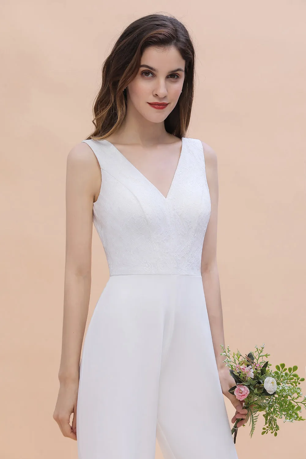 Chic White Long Deep V-neck Backless Bridesmaid Dress Jumpsuit