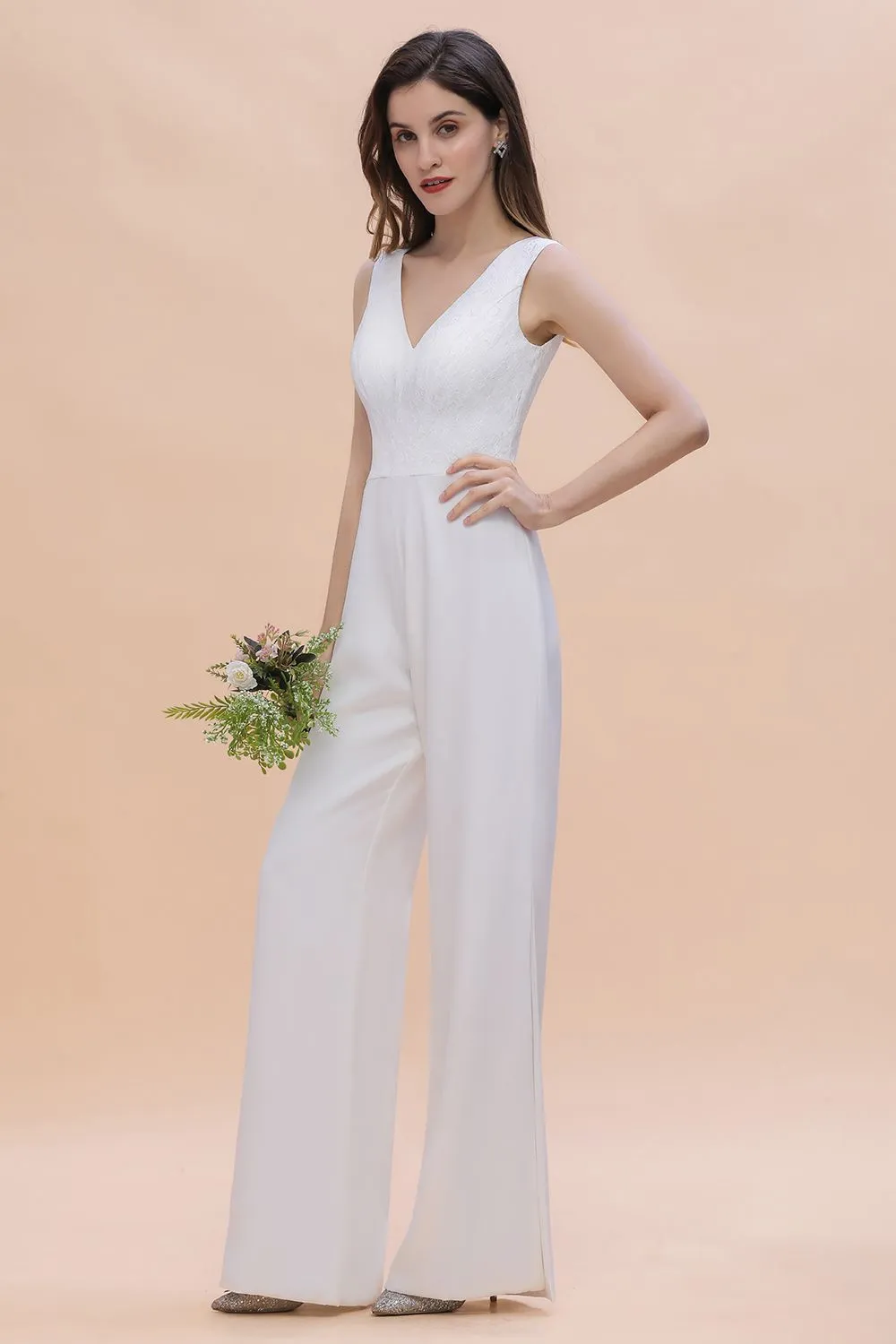 Chic White Long Deep V-neck Backless Bridesmaid Dress Jumpsuit