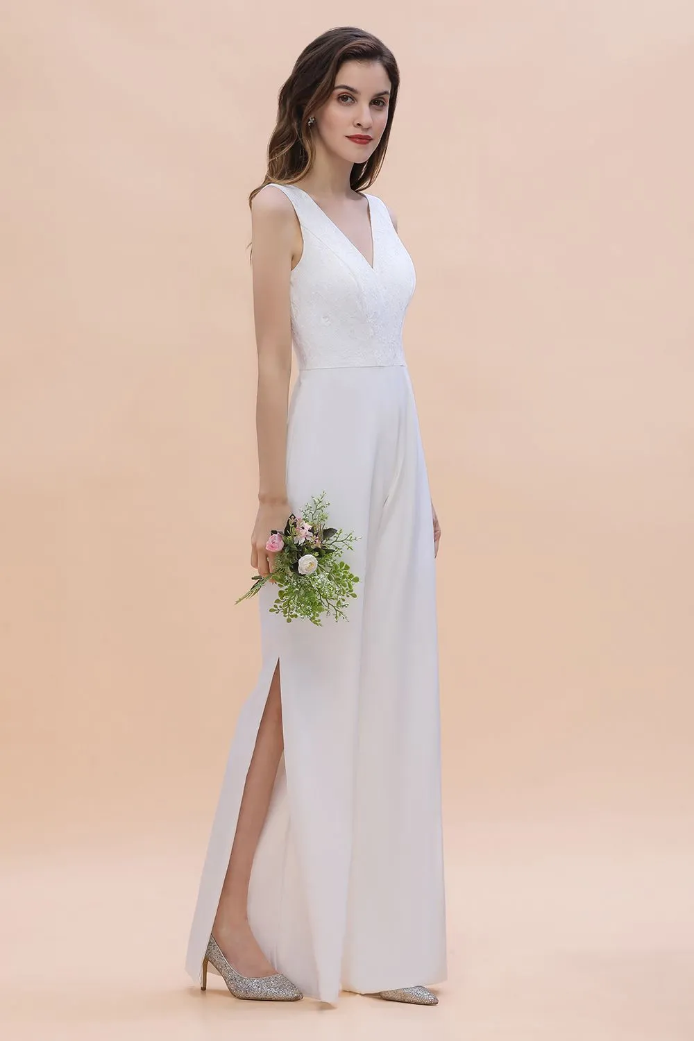 Chic White Long Deep V-neck Backless Bridesmaid Dress Jumpsuit