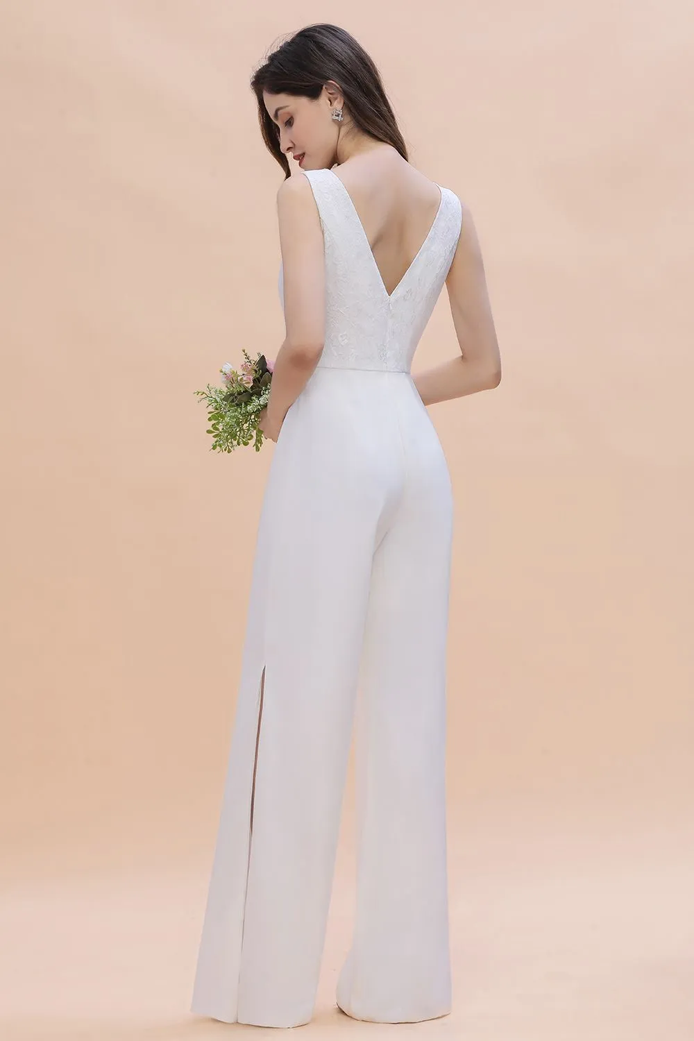 Chic White Long Deep V-neck Backless Bridesmaid Dress Jumpsuit