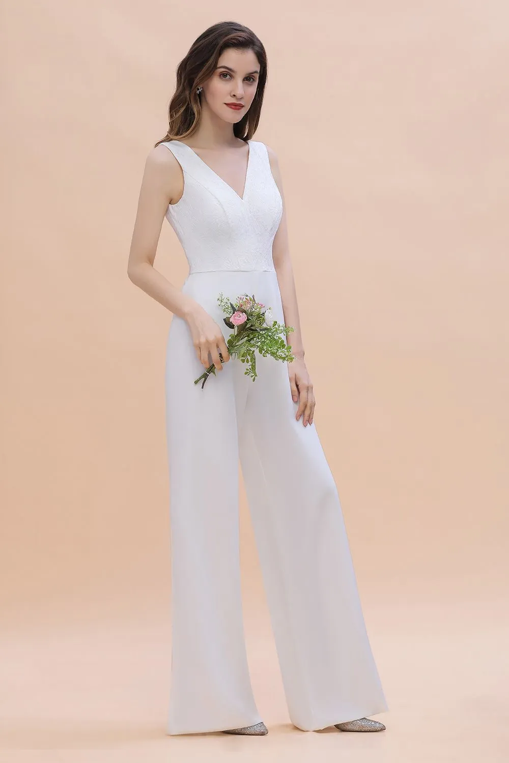 Chic White Long Deep V-neck Backless Bridesmaid Dress Jumpsuit