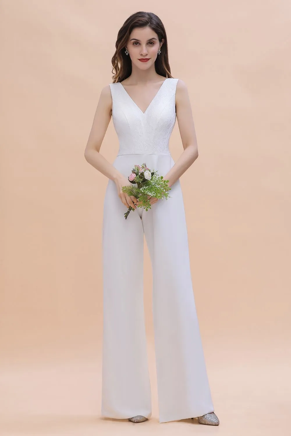 Chic White Long Deep V-neck Backless Bridesmaid Dress Jumpsuit