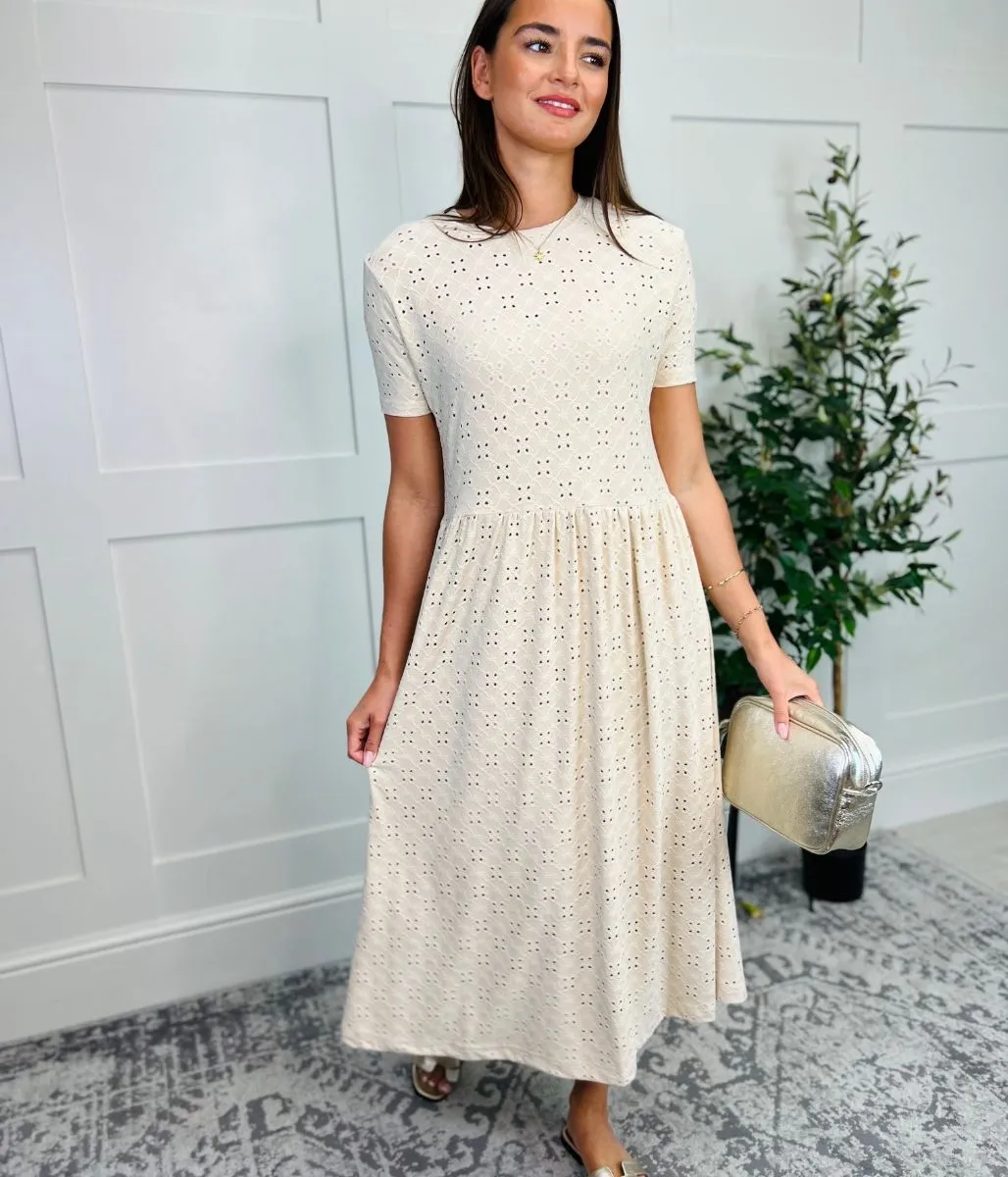 Cream Broderie Anglaise Stretch Midi Dress