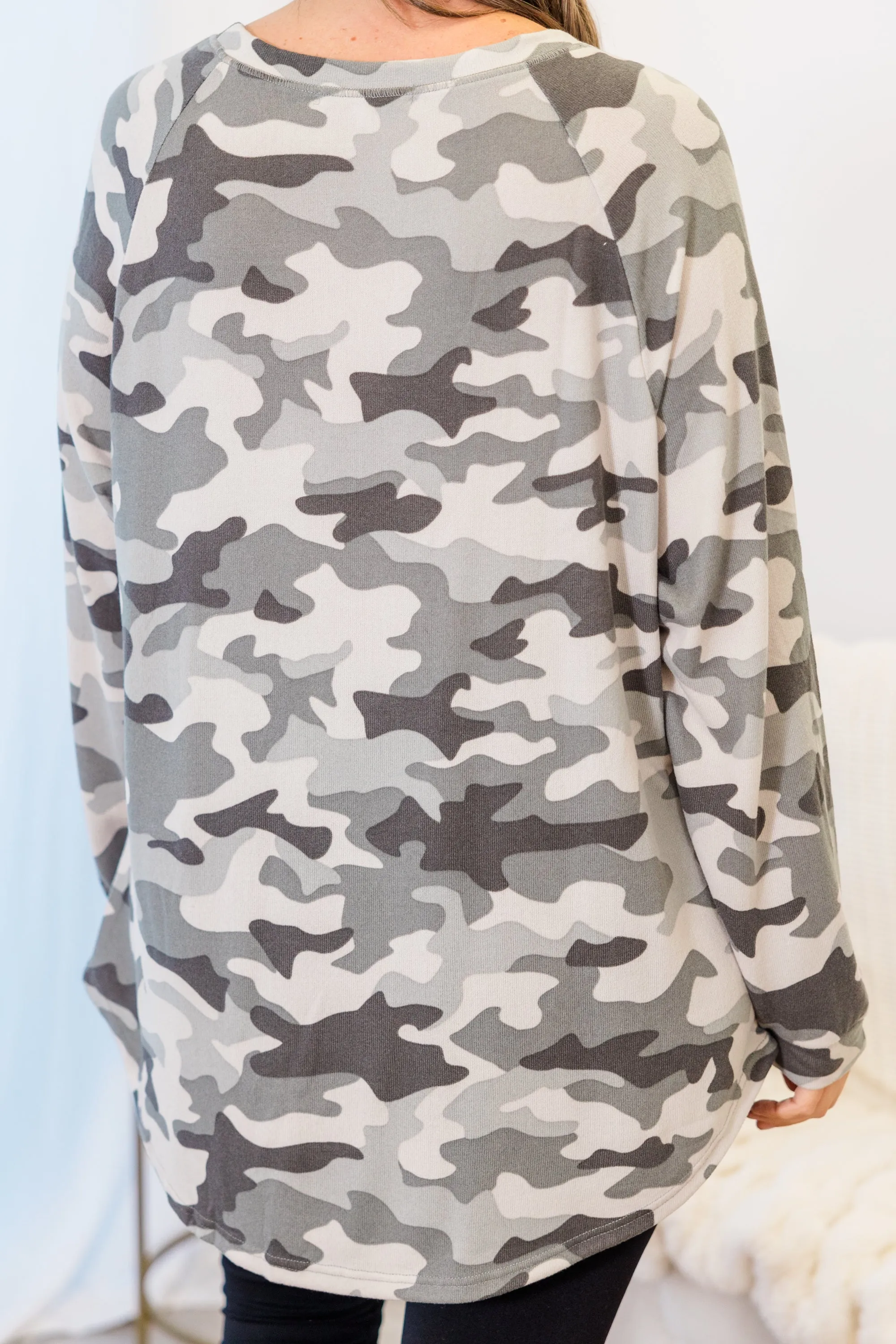 Curved Hem Slouchy Dolman Tunic, Camo Gray