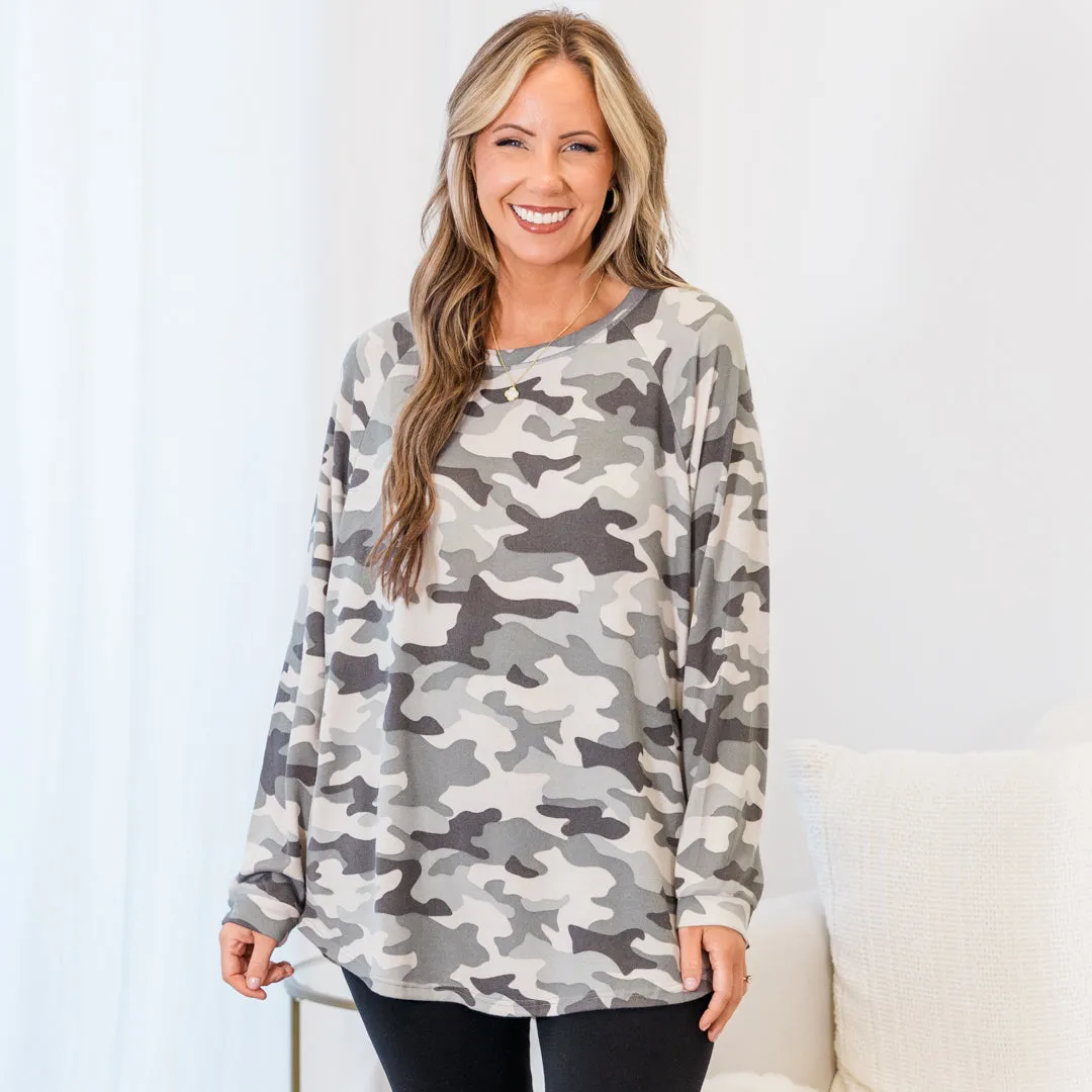 Curved Hem Slouchy Dolman Tunic, Camo Gray