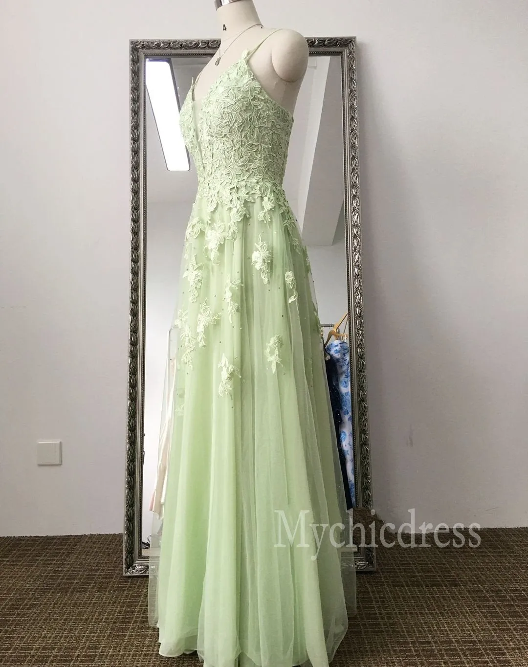 Custom Made Lace Sage Green Long Formal Dresses A Line