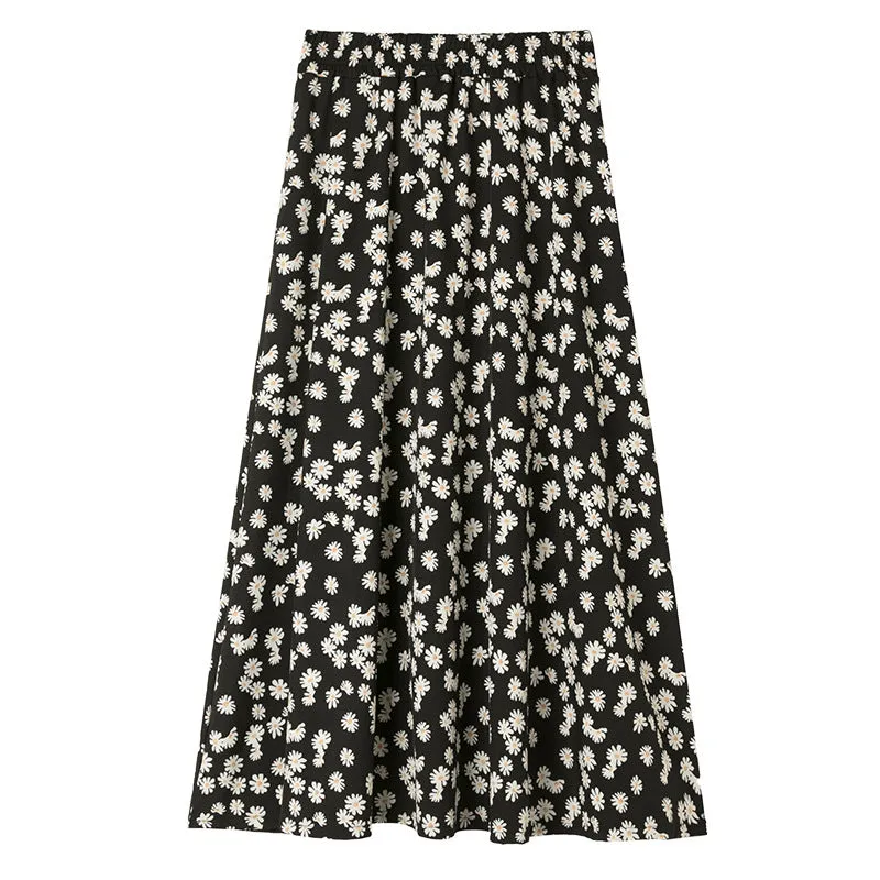 Daisy Skirt Women High Waist Floral Chiffon Long Hip Flattering A-Line Skirt