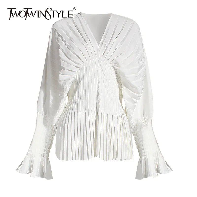 deanwangkt Causal Blouses For Female V Neck Flare Long Sleeve High Wiast Pleated Women Shirts Clothes Fashion  Spring New