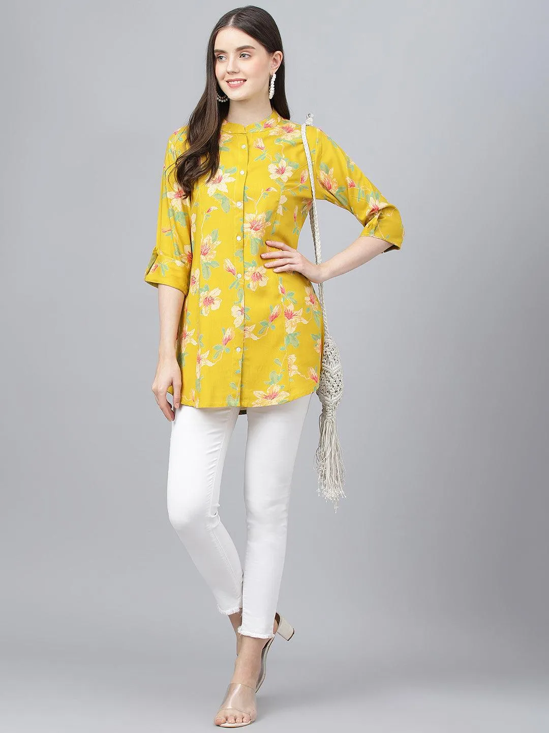 Divena Yellow Floral printed Rayon A-line Shirts Style Top